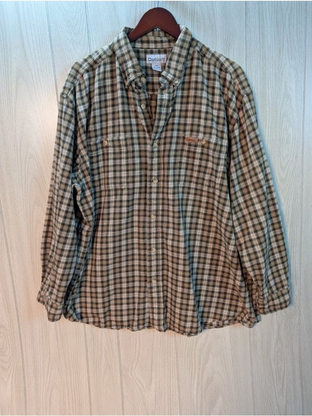 Carhartt Shirt Mens 2XL Green Beige Plaid Flannel Button Long Sleeve S131LDN